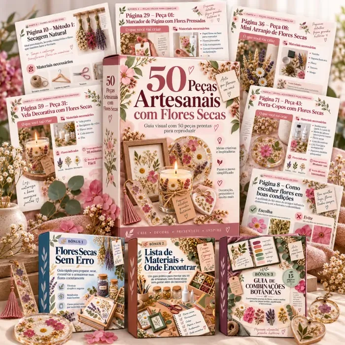 Material completo com 50 peças artesanais com flores secas e bônus